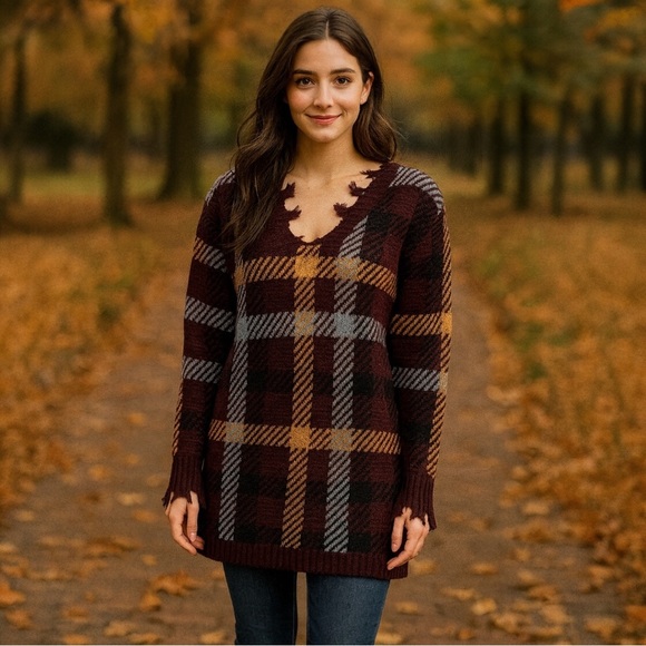 Entro gorgeous burgundy sweater top fringe unique plaid striped lovely pattern M - Picture 15 of 15